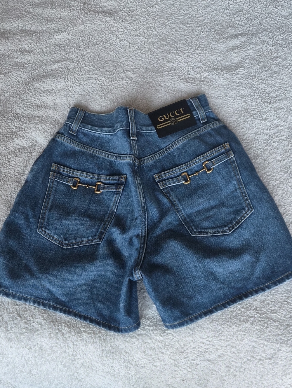 Gucci Dark Blue Denim High-Rise Jean Shorts with Gold Horsebit
